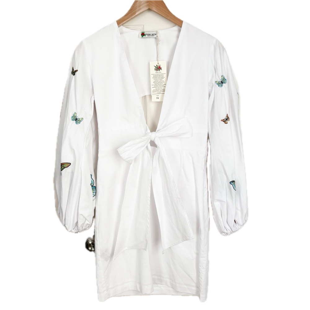 Fanm Mon Embroidered Butterfly Cotton Long Sleeve Deep V Mini Dress White XS
